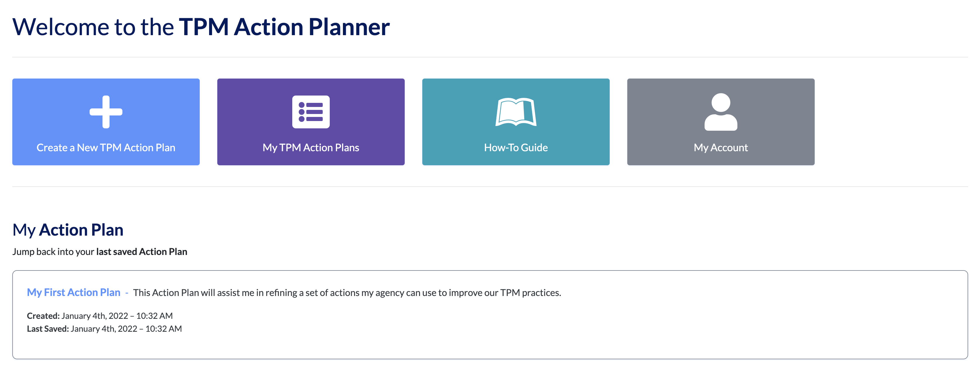 The home screen for the TPM Action Planner